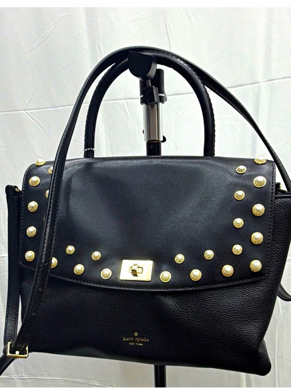 kate spade Black Leather Studded Satchel with Gold Hardware